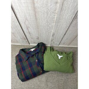 Lot of 2 Womens XXL V-Neck Ribbed Knit Pullover Top and Button Up Plaid Shirt